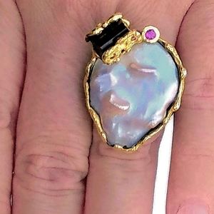 Natural Baroque Pearl & Black Tourmaline 925 Ring